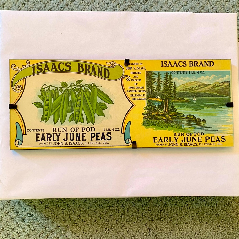 ISAACS Brand Early June Peas - Vintage Vegetable Label Plaque 💛💚